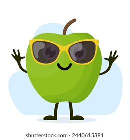 Cute and funny apple character with sunglasses. Colorful summer design. Vector illustration in flat style