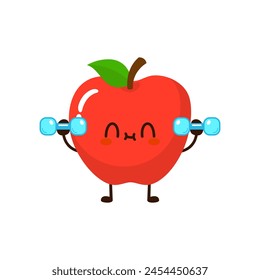 Cute funny apple fruit is doing gym with dumbbells