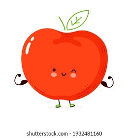 Cute funny Apple fruit show muscle. Vector hand drawn cartoon kawaii character illustration icon. Isolated on white background. Apple fruit fitness concept