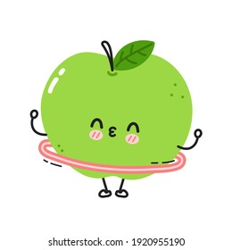 Cute funny apple make gym with hula hup. Vector flat line cartoon kawaii character illustration icon. Isolated on white background. Apple fruit workout character concept