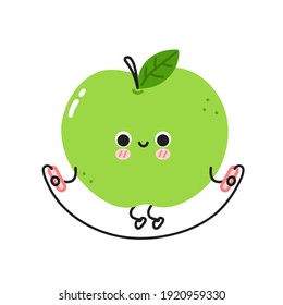 Cute funny apple make gym with jump rope. Vector flat line cartoon kawaii character illustration icon. Isolated on white background. Apple fruit workout character concept