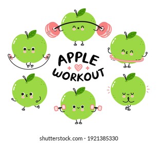 Cute funny apple make gym set collection. Vector flat line cartoon kawaii character illustration icon. Isolated on white background. Apple fruit workout character bundle concept