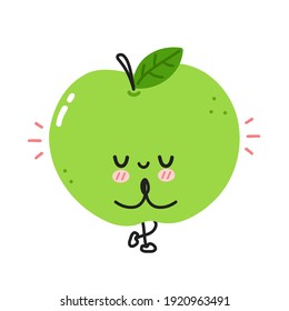 Cute funny apple meditate in yoga pose. Vector flat line cartoon kawaii character illustration icon. Isolated on white background. Apple fruit workout character concept