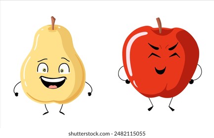 Linda y divertida manzana y pera. Vector colección de frutas lindas. Personajes divertidos de la fruta. 