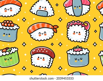 Cute funny asian japanese sushi character seamless pattern. Vector hand drawn cartoon kawaii character illustration icon. Cute kawaii sushi,roll,Japan asia food cartoon seamless pattern concept