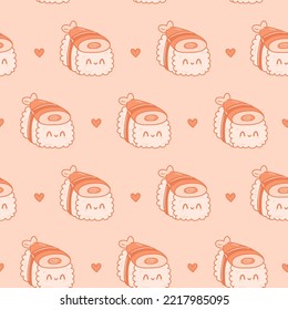 Cute funny asian japanese sushi character seamless pattern. Vector hand drawn cartoon kawaii character illustration icon. Cute kawaii sushi,Japan asia food cartoon seamless pattern concept
