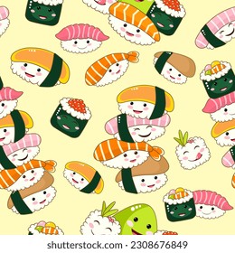 Cute funny asian japanese sushi character seamless pattern. Vector hand drawn cartoon kawaii character illustration icon. Cute funny sushi,Japan asia food cartoon seamless pattern concept
