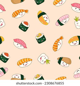 Cute funny asian japanese sushi character seamless pattern. Vector hand drawn cartoon kawaii character illustration icon. Cute funny sushi,Japan asia food cartoon seamless pattern concept