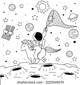 Cute funny astronaut riding unicorn to catch the star on moon for print on your product and coloring book page for relaxing.Vector illustration