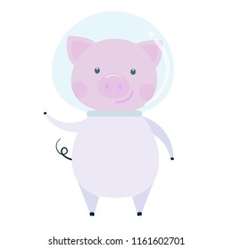 Cute funny astronaut space pig character - symbol of the 2019 Chinese New Year. Flat style design vector illustration isolated on white background. Cheerful waving pink piglet piggy.