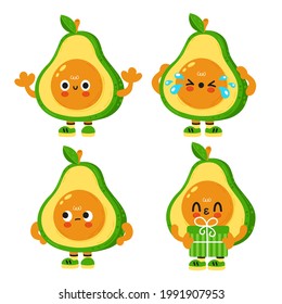 Cute funny avocado with baby face. Vector cartoon kawaii character illustration kids emoji icon. Isolated on white background. Avocado child poster, card cartoon character concept