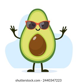 Cute and funny avocado character with sunglasses. Colorful summer design. Vector illustration in flat style