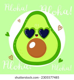 Cute funny Avocado character. Vector hand drawn cartoon kawaii character illustration icon. Isolated on green background. Avocado character concept. Aloha card