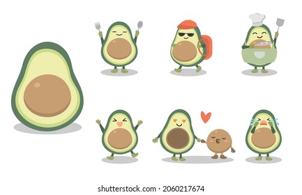 Cute and funny avocado characters in various posing and emotional such as cry, love, cook, walk. Avocado fruit character or mascot in different pose and activities. vector flat illustration