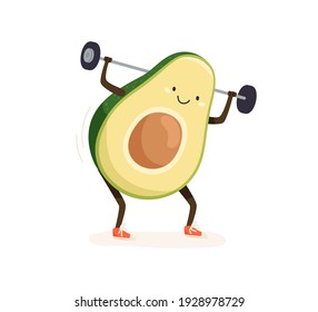 Cute and funny avocado doing sports exercises with weight. Smiling comic fruit squating and lifting barbell or dumbbell. Colored flat cartoon vector illustration isolated on white background