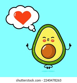 Cute funny avocado doing yoga with speech bubble. Vector hand drawn cartoon kawaii character illustration icon. Isolated on blue background. Avocado in love character concept