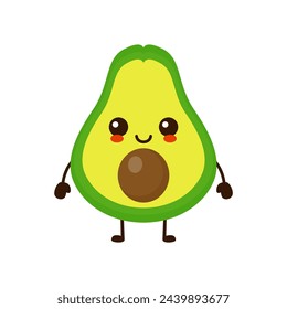 Carácter lindo divertido de la fruta del aguacate. Ilustración de personaje kawaii de dibujos animados vectoriales