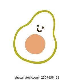 Abacate engraçado bonito, personagem de frutas em crianças simples estilo doodle. Kawaii cômico vegetal sorrindo, feliz comida divertida. Desenho contornado, ilustração de vetor plano infantil isolado no fundo branco