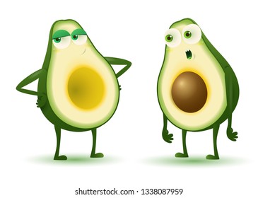 cute and funny avocado fruit characters couple with a proud woman and amazed man with funny face expressions isolated on wjhite background