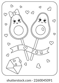Cute  funny avocado halves  Hearts  Vector black   white illustration  Coloring 