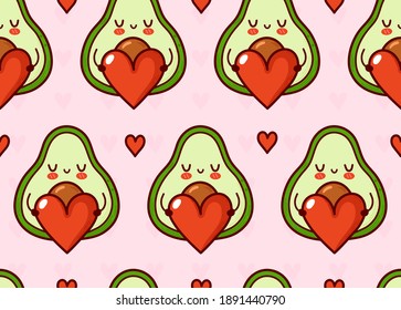 Cute funny avocado with heart seamless pattern. Vector flat cartoon kawaii character illustration icon design. Avocado present heart character seamless pattern concept