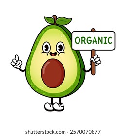Cute funny Avocado with an inscription organic character.Vector hand drawn Avocado character illustration icon. Isolated white background