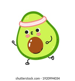 Cute funny avocado jogging. Vector flat line cartoon kawaii character illustration icon. Isolated on white background. Avocado workout character concept