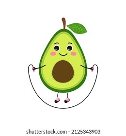 aguacate lindo y gracioso con cuerda de salto aislado en fondo blanco, ilustración vectorial de personajes de fruta haciendo ejercicios