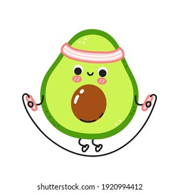 Cute lustige Avocado machen Fitnessraum mit Sprungseil. Vektorgrafik mit flacher Linie Kawaii Zeichentricksymbol. Einzeln auf weißem Hintergrund. Avocado-Zeichenkonzept