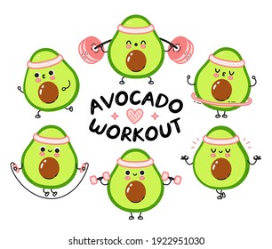 Cute funny avocado make gym set collection. Vector flat line cartoon kawaii character illustration icon. Isolated on white background. Avocado workout character bundle concept