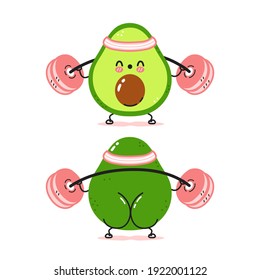 Un aguacate divertido y bonito que hace gimnasio de squat con barbacoa. Dibujo de línea plana vectorial kawaii icono de ilustración de personaje. Aislado sobre fondo blanco. Concepto de personaje de entrenamiento de frutas aguacate