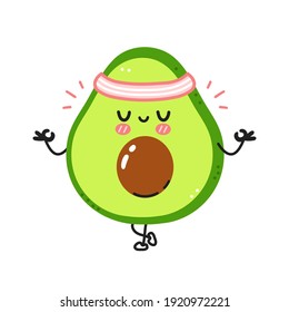 Cute funny avocado meditate in yoga pose. Vector flat line cartoon kawaii character illustration icon. Isolated on white background. Avocado workout character concept