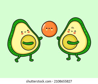 Cute lustige Avocado-Spiel mit Samen.Vector handgezeichnet Cartoon doodle kawaii Charakter Illustrationssymbol. Avocado, gesunde Ernährung, Sport, aktiver Lebensstil, leidenschaftliches Zeichentrickkonzept