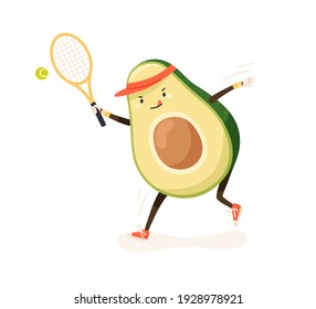 Cute and funny avocado playing tennis in cap and trainers. Active comic fat vegetable doing sports activities. Colored flat vector illustration of childish character isolated on white background