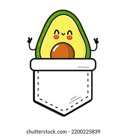 Cute divertido aguacate bolso de bolsillo estampado de camisetas.Dibujo de la línea del doodle vectorial diseño del logo. Fondo blanco aislado. Graciosa caricatura aguacate para camiseta de bolsillo