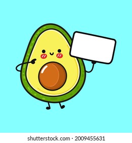 Lustiger Avocado mit Poster. Vektorhandgezeichnete Cartoons kawaii Zeichentricksymbol. Einzeln auf blauem Hintergrund. Avocado-Denkkonzept