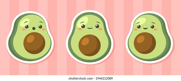 Cute funny avocado stickers set. Flat vector illustration. Cartoon characters. 