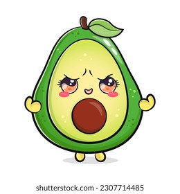 Cute funny Avocado strong. Vector hand drawn cartoon kawaii character illustration icon. Isolated on white background. Avocado shows muscles character concept