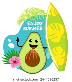 Cute and funny avocado with surfboard, having fun, cartoon vector illustration. Enjoy the summer. Summer fruits character. Funky avocado character enjoying vacation. Active summer holiday