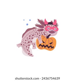 Cute funny axolotl salamander character with pumpkin for Halloween cards and prints design, flat cartoon vector illustration isolated on white background.