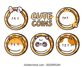 Cute funny baby animals coins set. Vector hand drawn cartoon kawaii character illustration. Isolated on white backgroud. Dog,cat,bird,panda,cat,bunny coin character bundle collection concept