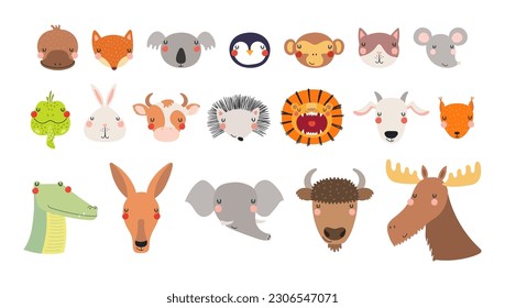 Cute funny baby animals faces illustrations set. Hand drawn cartoon characters. Scandinavian style flat design, isolated vector. Kids print elements, clipart collection, wildlife, nature, poster, card