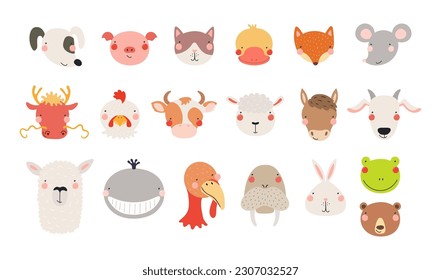 Cute funny baby animals faces illustrations set. Hand drawn cartoon characters. Scandinavian style flat design, isolated vector. Kids print elements, clipart collection, wildlife, nature, poster, card