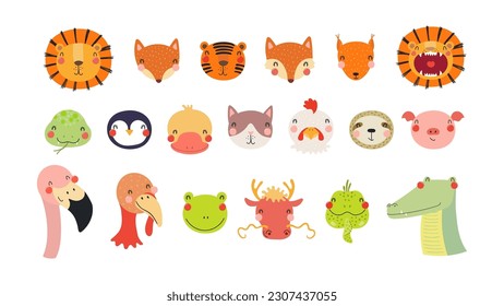 Cute funny baby animals faces illustrations set. Hand drawn cartoon characters. Scandinavian style flat design, isolated vector. Kids print elements, clipart collection, wildlife, nature, poster, card