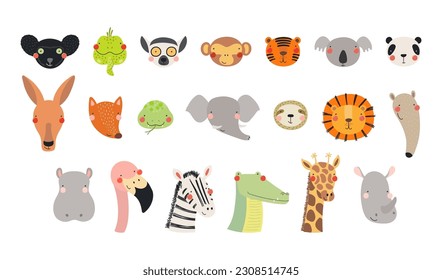 Cute funny baby animals faces illustrations set. Hand drawn cartoon characters. Scandinavian style flat design, isolated vector. Kids print elements, clipart collection, wildlife, nature, poster, card
