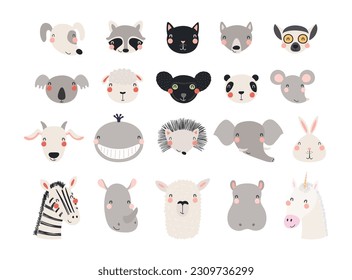 Cute funny baby animals faces illustrations set. Hand drawn cartoon characters. Scandinavian style flat design, isolated vector. Kids print elements, clipart collection, wildlife, nature, poster, card