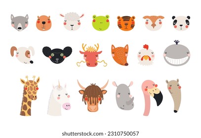 Pequeños y graciosos animales se enfrentan a ilustraciones establecidas. Personajes de caricatura dibujados a mano. Diseño plano de estilo escandinavo, vector aislado. Elementos de impresión para niños, colección de clipart, vida silvestre, naturaleza, afiche, tarjeta