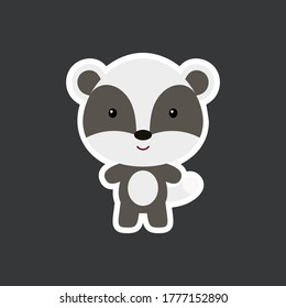 Cute funny baby badger sticker. Woodland adorable animal character for design of album, scrapbook, card, poster, invitation. Flat cartoon colorful vector stock illustration.