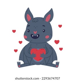 Cute funny baby bat character sitting with red heart. Halloween symbol cartoon vector illustration