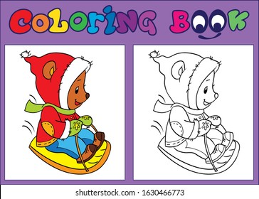 Cute funny baby bear sledging coloring